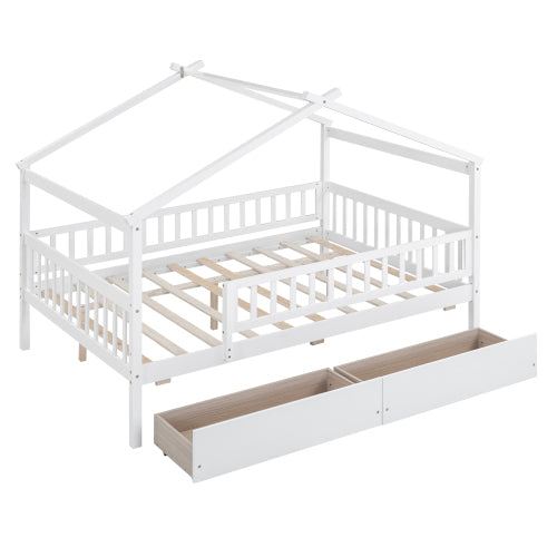 Full Size Wooden House Bed with Two Drawers, White