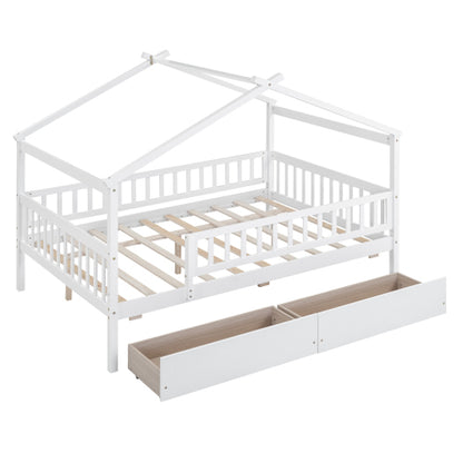 Full Size Wooden House Bed with Two Drawers, White