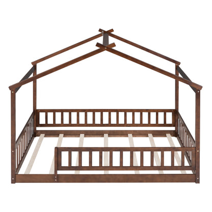 Full Size Wood Bed House Bed Frame with Fence, for Kids, Teens, Girls, Boys,Walnut
