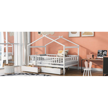 Full Size Wooden House Bed with Two Drawers, White