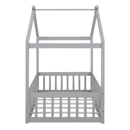 Twin Size Wood Bed House Bed Frame with Fence, for Kids, Teens, Girls, Boys, Gray