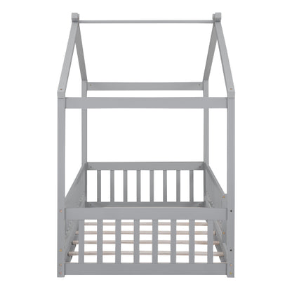 Twin Size Wood Bed House Bed Frame with Fence, for Kids, Teens, Girls, Boys, Gray