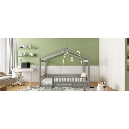 Full Size Wood Bed House Bed Frame with Fence, for Kids, Teens, Girls, Boys,Gray