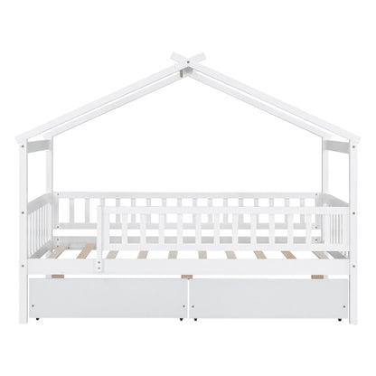 Twin Size Wooden House Bed with Two Drawers, White