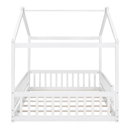 Full Size Wood Bed House Bed Frame with Fence, for Kids, Teens, Girls, Boys,White
