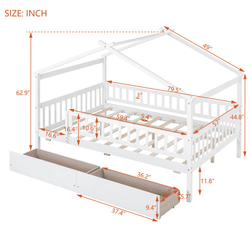 Full Size Wooden House Bed with Two Drawers, White