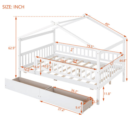 Full Size Wooden House Bed with Two Drawers, White