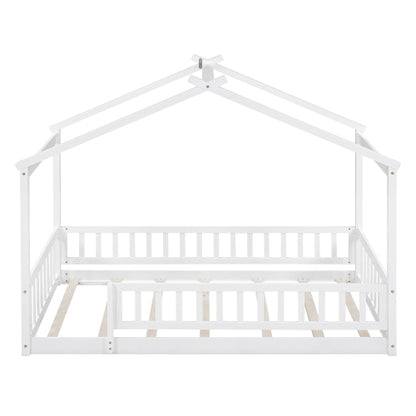 Twin Size Wood Bed House Bed Frame with Fence, for Kids, Teens, Girls, Boys,White