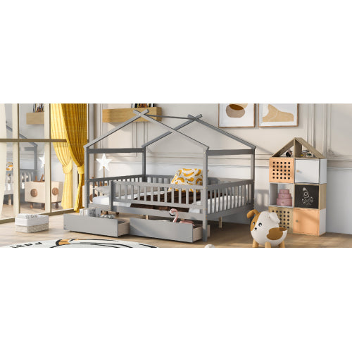 Full Size Wooden House Bed with Two Drawers,Gray