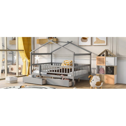 Full Size Wooden House Bed with Two Drawers,Gray