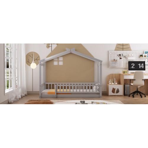 Twin Size Wood Bed House Bed Frame with Fence, for Kids, Teens, Girls, Boys, Gray