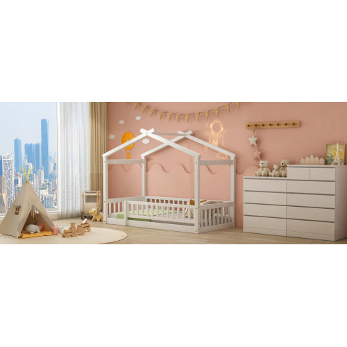 Twin Size Wood Bed House Bed Frame with Fence, for Kids, Teens, Girls, Boys,White