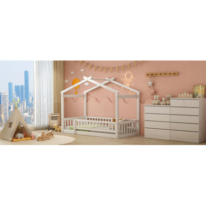 Twin Size Wood Bed House Bed Frame with Fence, for Kids, Teens, Girls, Boys,White