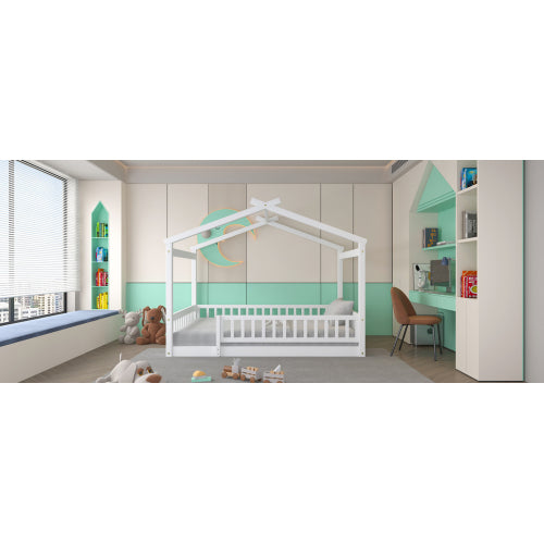 Full Size Wood Bed House Bed Frame with Fence, for Kids, Teens, Girls, Boys,White