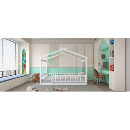 Full Size Wood Bed House Bed Frame with Fence, for Kids, Teens, Girls, Boys,White