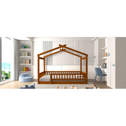 Full Size Wood Bed House Bed Frame with Fence, for Kids, Teens, Girls, Boys,Walnut