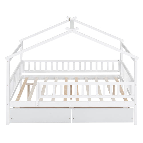 Full Size Wooden House Bed with Two Drawers, White