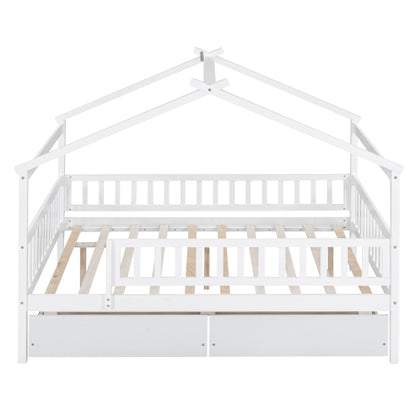 Full Size Wooden House Bed with Two Drawers, White
