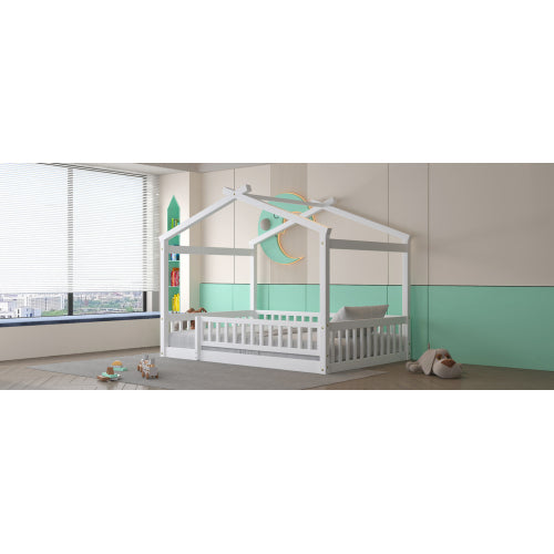Full Size Wood Bed House Bed Frame with Fence, for Kids, Teens, Girls, Boys,White