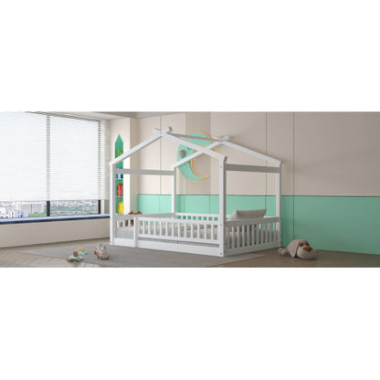 Full Size Wood Bed House Bed Frame with Fence, for Kids, Teens, Girls, Boys,White
