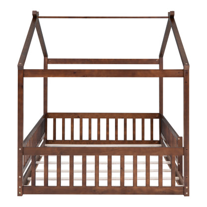 Full Size Wood Bed House Bed Frame with Fence, for Kids, Teens, Girls, Boys,Walnut