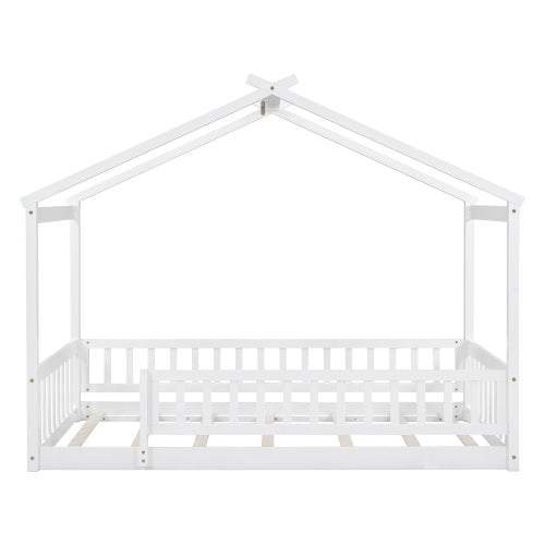 Twin Size Wood Bed House Bed Frame with Fence, for Kids, Teens, Girls, Boys,White