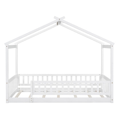 Twin Size Wood Bed House Bed Frame with Fence, for Kids, Teens, Girls, Boys,White