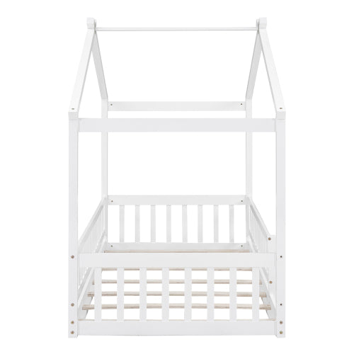 Twin Size Wood Bed House Bed Frame with Fence, for Kids, Teens, Girls, Boys,White