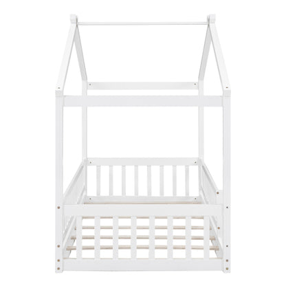 Twin Size Wood Bed House Bed Frame with Fence, for Kids, Teens, Girls, Boys,White