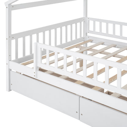 Full Size Wooden House Bed with Two Drawers, White