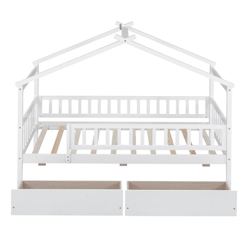 Twin Size Wooden House Bed with Two Drawers, White