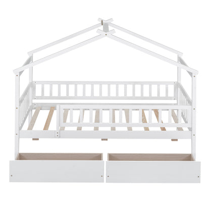 Twin Size Wooden House Bed with Two Drawers, White