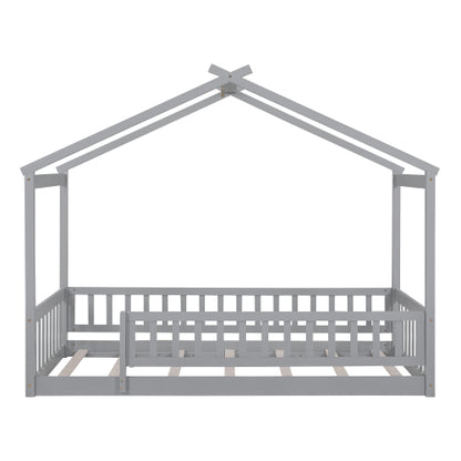 Twin Size Wood Bed House Bed Frame with Fence, for Kids, Teens, Girls, Boys, Gray