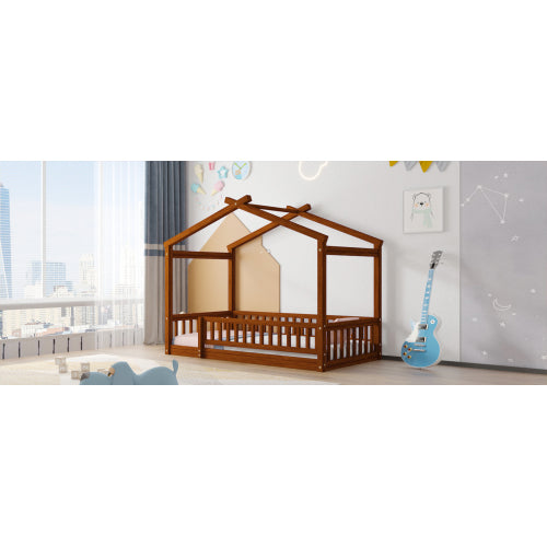 Twin Size Wood Bed House Bed Frame with Fence, for Kids, Teens, Girls, Boys, Walnut
