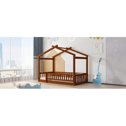 Twin Size Wood Bed House Bed Frame with Fence, for Kids, Teens, Girls, Boys, Walnut