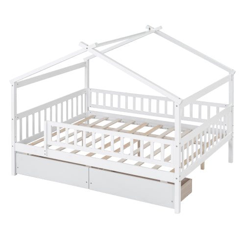 Full Size Wooden House Bed with Two Drawers, White