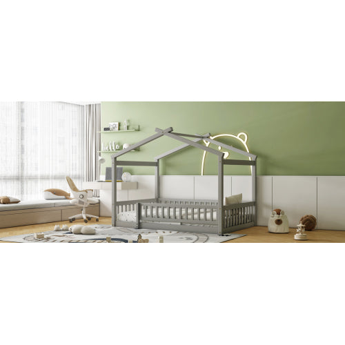 Full Size Wood Bed House Bed Frame with Fence, for Kids, Teens, Girls, Boys,Gray