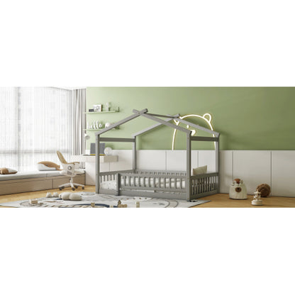 Full Size Wood Bed House Bed Frame with Fence, for Kids, Teens, Girls, Boys,Gray