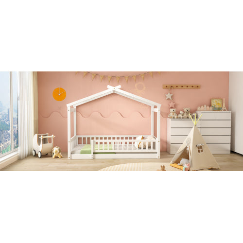 Twin Size Wood Bed House Bed Frame with Fence, for Kids, Teens, Girls, Boys,White