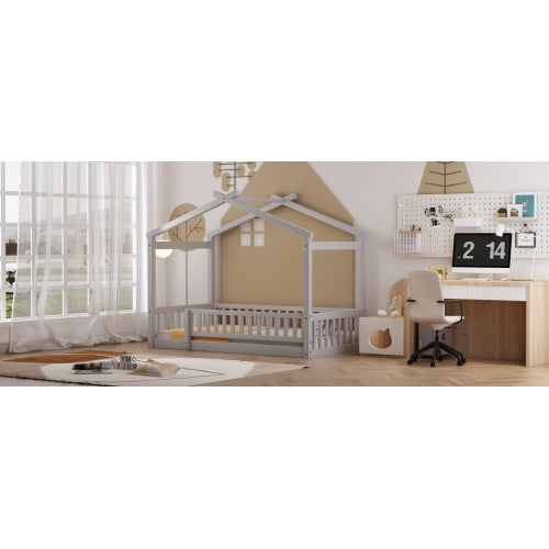 Twin Size Wood Bed House Bed Frame with Fence, for Kids, Teens, Girls, Boys, Gray