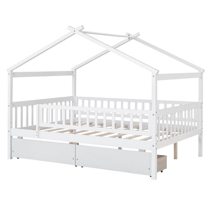 Full Size Wooden House Bed with Two Drawers, White