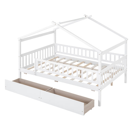 Full Size Wooden House Bed with Two Drawers, White