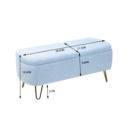 Blue Storage Ottoman Bench for End of Bed Gold Legs, Modern Grey Faux Fur Entryway Bench Upholstered Padded with Storage for Living Room Bedroom