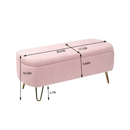 Pink Storage Ottoman Bench for End of Bed Gold Legs, Modern Grey Faux Fur Entryway Bench Upholstered Padded with Storage for Living Room Bedroom