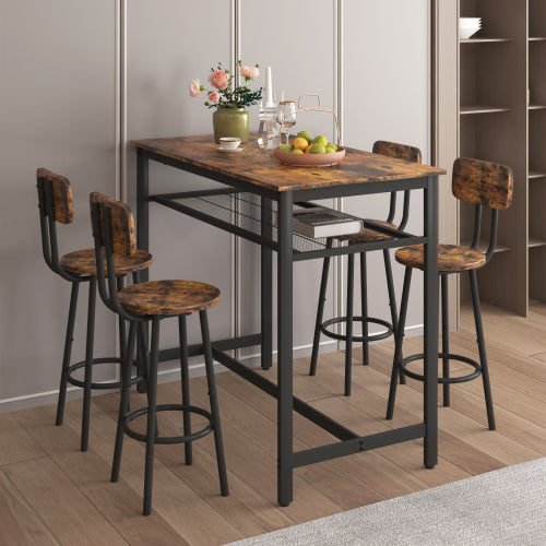 5-Piece Brown Espresso Counter Height Bar Table Set, MDF & Iron Frame Dining Set with 4 Stools & Storage Net