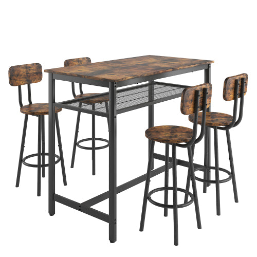 5-Piece Brown Espresso Counter Height Bar Table Set, MDF & Iron Frame Dining Set with 4 Stools & Storage Net