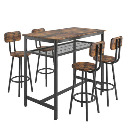 5-Piece Brown Espresso Counter Height Bar Table Set, MDF & Iron Frame Dining Set with 4 Stools & Storage Net