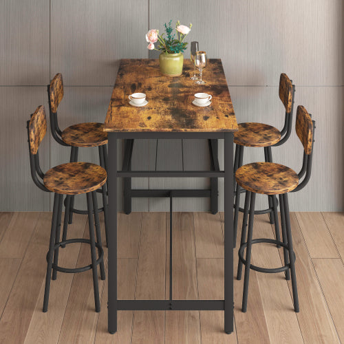 5-Piece Brown Espresso Counter Height Bar Table Set, MDF & Iron Frame Dining Set with 4 Stools & Storage Net