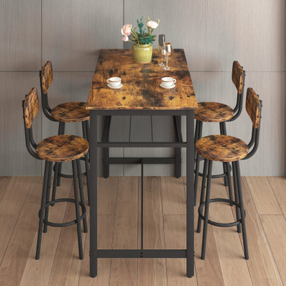 5-Piece Brown Espresso Counter Height Bar Table Set, MDF & Iron Frame Dining Set with 4 Stools & Storage Net