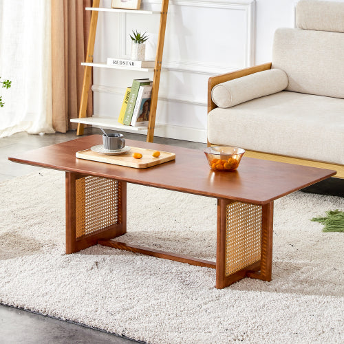 Rectangular Solid Wood Imitation Rattan Coffee Table, Chinese Style Log Tea Table